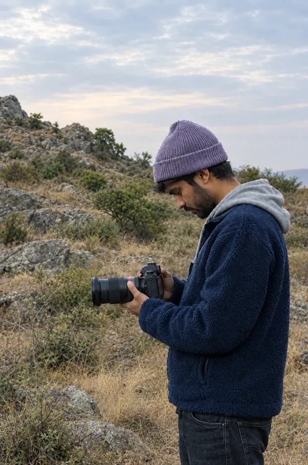 Content creation: a videographer checking a shot on his camera on location